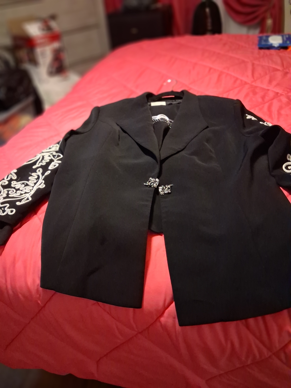 Black Blazer Suit with White Embroidered Sleeves - Women's Tailored Jacket